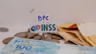 imagem de notas de reais com símbolo do INSS e papel escrito BPC
